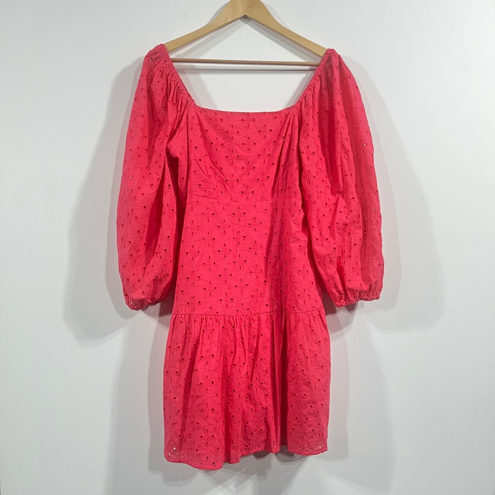 Beyond Words Pink Eyelet Cottagecore Boho Dress Puff Sleeve Tiered Large Preppy